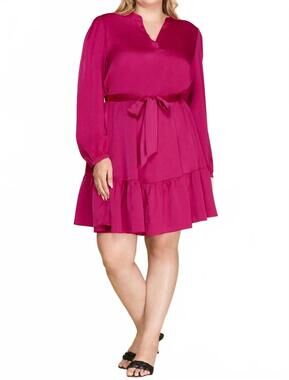 NEW VANILLA MONKEY long sleeve woven satin dress with waist sash - plus in pink